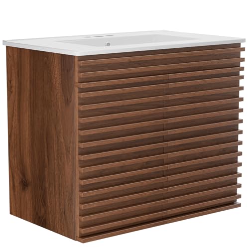 ROOMTEC 30' Bathroom Vanity with Ceramic Sink Combo, Mid-Century Wall Mounted Floating Vanity...