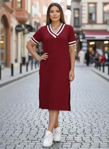 Image of Women's V-Neck Sporty T-Shirt Dress | Stylish Striped Sleeve One Piece for Women | Casual Summer Knee Length Short Dress | Trendy Beach & Resort Wear Western Dress (26 D-1-3)