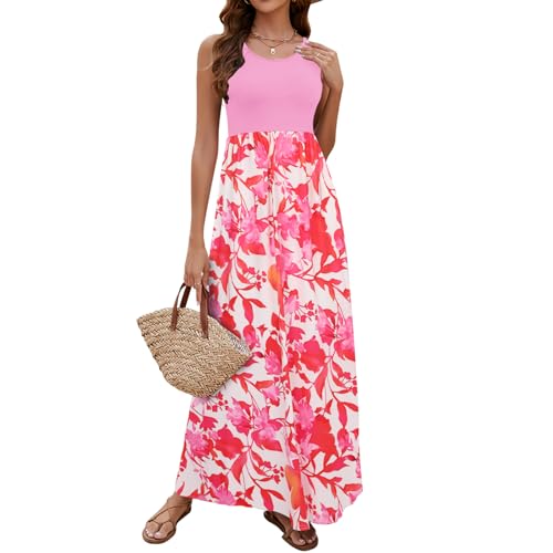 Image of Sherosa Women Boho Chevron Striped Floral Printed Summer Sleeveless Tank Long Maxi Party Dress