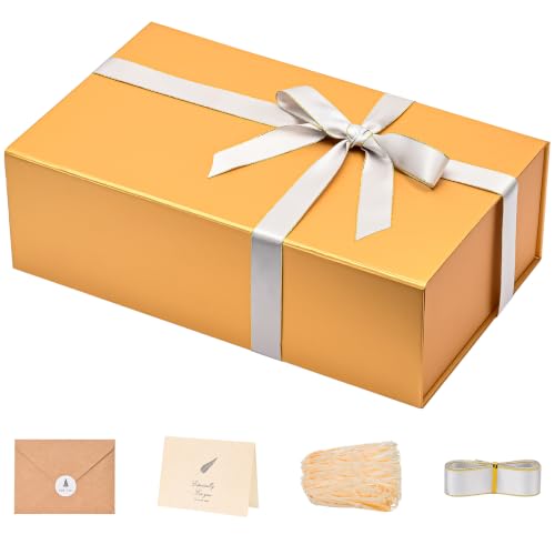 Image of LIFELUM Gold Gift Boxes with Lids,1 Pack 13.85 x 8.35 x 4.45 inch Gift Box with Ribbon, Card, Shredded Paper Filler Gift Box for Valentine's day,Christmas,Birthdays, Bridal Gifts,Weddings
