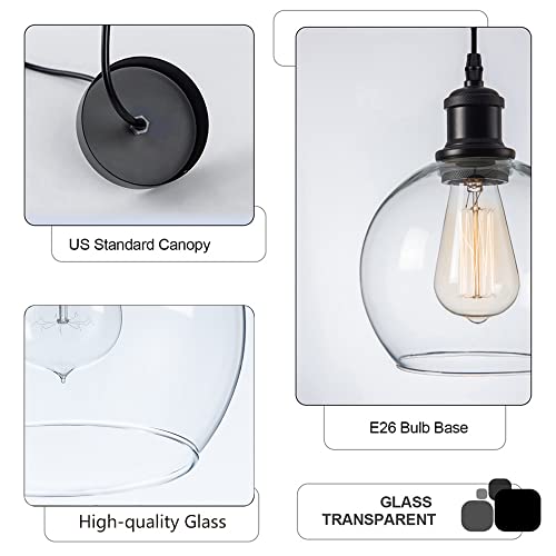 QIBANG 6.8" Glass Globe Pendant Light for Kitchen Island Foyer Entryway, Adjustable Cord Pendant Lighting Fixtures, Small Modern Pendant Light with Handblown Glass seeded Shade, Black 1 Pack - Image 6
