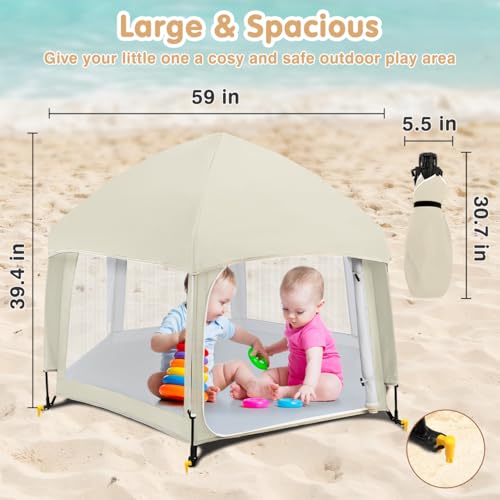 Image of Pop Up Playpen for Baby, Portable Playpen for Babies and Toddlers with Removable Sun-Shades& 2 Side UV Covers, Lightweight Outdoor Baby Play-Pen for Beach Home with Travel Bag, Beige