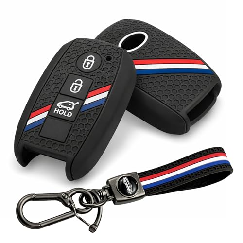 DETACHI Car Key Cover Silicone with Keychain Metal Ring Holder Non-Slip,Sporty Tricolor Design with Texture Compatible with Kia Seltos, Sonet, Carens, Carnival 2 Button Premium Key Fob Case
