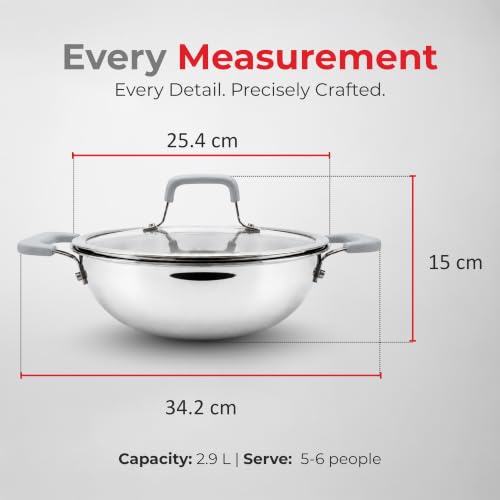 Image of Vinod Platinum Luxe Triply Stainless Steel Kadai with Glass Lid -24cm, 2.9L
