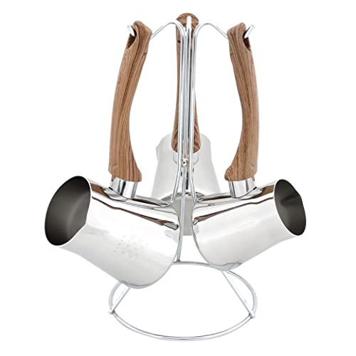 Serenk Turkish Coffee Pot Cezve, Milk Warmer, Ibrik Briki Greek Arabic Coffee Pot, Set of 3, Stovetop Coffee Maker, Turkish Cezve Traditional made of Stainless Steel, Rust Free w/Hanging Base