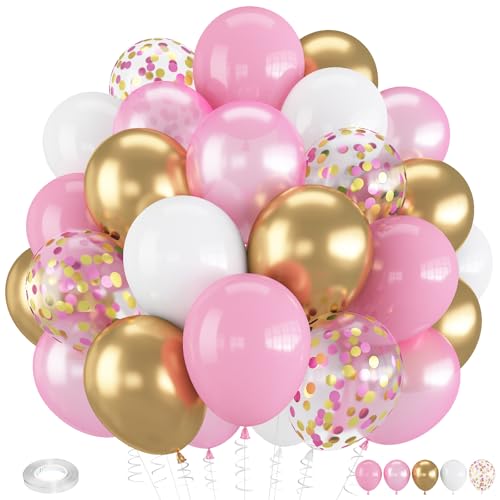 Image of Pink and Gold Balloons, 12 Inch Light Baby Pink White and Gold Confetti Balloons for Girls Princess Birthday Baby Shower Bridal Shower Wedding Graduation Party Decoration