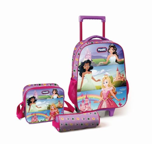 Kit Mochila Infantil Escolar de Rodinha - Princesas II, Lilás com Lancheira Térmica e Estojo