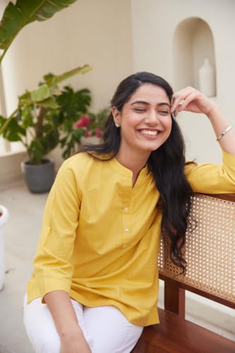 Image of SAADAA Women Short Kurti Airy Linen Regular Fit Kurta with 3 /4th Sleeves, Mandarin Collar, Side Slit Perfect for Casual, Formal, and Ethnic Wear