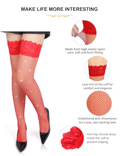 Image of Rhinestone Fishnets Thigh High Stockings Lace Sparkly Tights for Women Sexy Non Slip Pantyhose 4 Colors XS-5XL