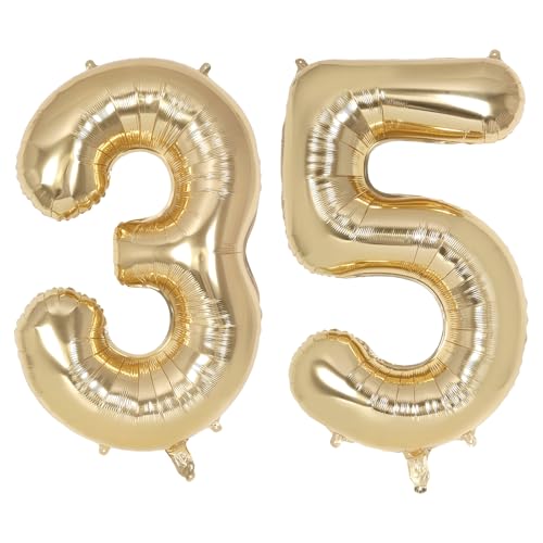 Image of Champagne Large Number 35 Balloon, 40 Inch Light Gold Foil Helium Number Balloons, Giant Mylar Number 35 Balloons for 35 Years Old Birthday Party Anniversary Decorations (Champagne Gold 35)