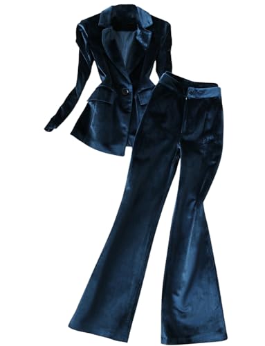 Cdkoke Women's 2 Pieces Velvet Suit Office Work Notch Lapel One Button Jacket Pants Business Tuxedos Set Navy Blue