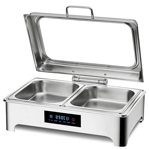 Scaldavivande Elettrico per Buffet 9L, Acciaio Inox Chafing Dish Elettrico per Buffet, Ristoranti, Hotel, Chafing Dish Buffet Elettrico con Copertura in vetro, Temperatura Regolabile 35-90℃(1/2 PAN)