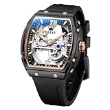 OLEVS Orologio da uomo automatico meccanico di lusso Tourbillon in acciaio inossidabile impermeabile orologio da polso data, G6779: cinturino nero e oro rosa e quadrante nero