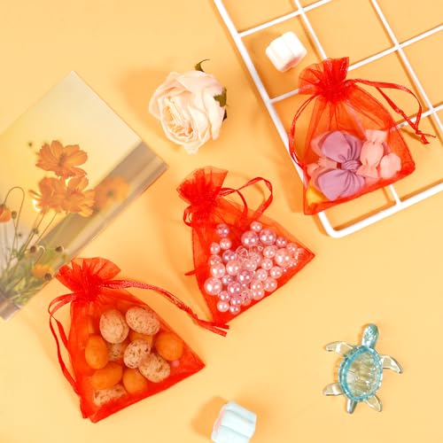 Image of Red Organza Bags - 50 Pcs, Sheer 3 x 4 Inch, Jewelry & Party Favor Bags with Drawstring, Small Mesh Gift Pouches for Wedding & Christmas