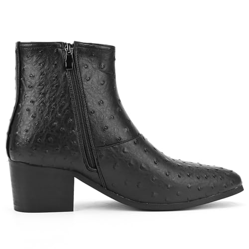 Image of Men'S Classic Leather Chunky Heel Chelsea Boots With Side Zipper Fashion Pointed Toe Elastic Band High Top Block High Heel Formal Chukka Booties For Casual Business Party Wedding