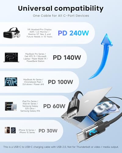 RAVIAD Kabel USB C 240W [1M] PD3.1 Kabel do szybkiego ładowania USB C na USB C z nylonowym oplotem QC3.0 Kabel ładujący USBC Ładowarka USBC dla iPhone 16 15 Pro Galaxy S25 S24 S23 S22 Pixel 7 iPadPro