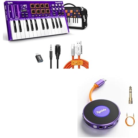 Synido MIDI Keyboard Controller 25 Keys with Drum Pads and Synido Portable Guitar Audio Interface for Live Stereo Streaming While Charging Cover