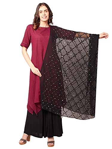 Image of DUPATTA BAZAAR Women's Black Embroidered Chiffon Dupatta with Mirror Work
