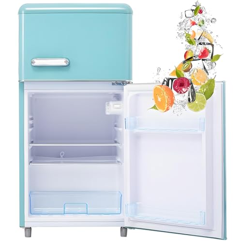 Frigorífico retro con congelador, frigorífico de 72 litros con congelador de 21 litros, frigorífico pequeño con compartimento para verduras, 120 kWh/año, luz LED.,Blue