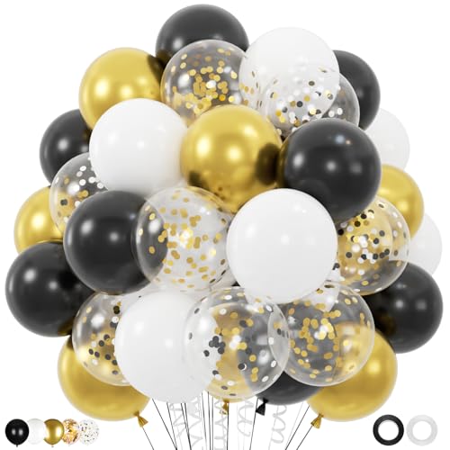 Image of 100pcs Black Gold and White Balloons with 12inch Metallic Gold and Black Confetti Balloons for Class of Graduation, 30th 40th 50th Birthday Party Decoration (with 2 Ribbons)