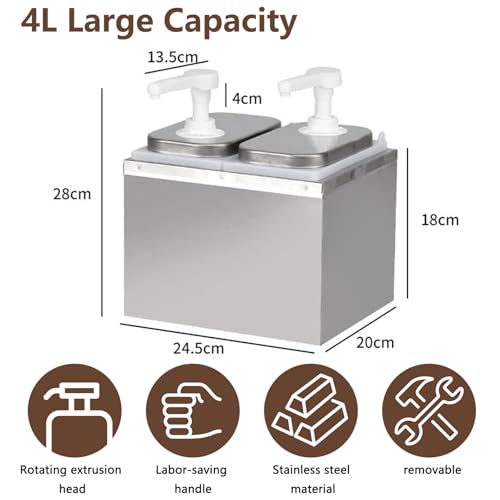 4L Saucenspender, Ketchup Spender mit 4 Pumpen, Edelstahl-Gewürzpumpstation Gewürz-Saucen-Pumpenspender, Salat-Marmeladen-Gewürz-Gewürz-Quetschpumpenbehälter für Küche und Restaurant
