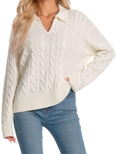 Amzdora Womens Oversized Cable Knit Sweater Fall Fashion 2025 Lapel V Neck Chunky Pullover Tops Causal Winter Outfits White