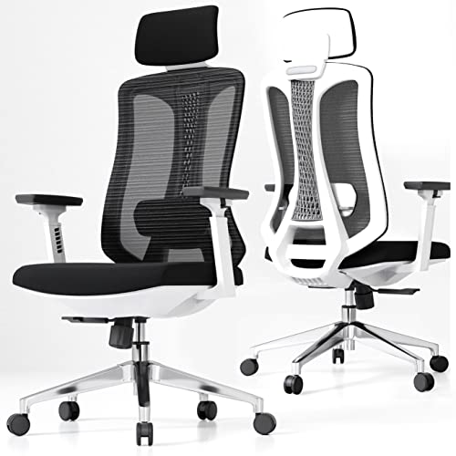 Fradiett Ergonomic Office Chair, High Back Desk Chair With 3D Armrest, Adjustable Lumbar Support & Headrest, Thick Seat Cushion, Mesh Computer Chair With Tilt Function, White Executive Swivel Chair #TOP19