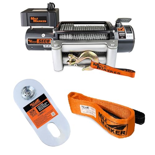 TrendsAuto 8,000 lbs. Capacity Steel Cable Winch with 30,000 lbs. Capacity Heavy-Duty Snatch Block & 6’ Recovery/Tree Strap | for Secure Vehicle Recovery | Includes TrendsAuto Decal