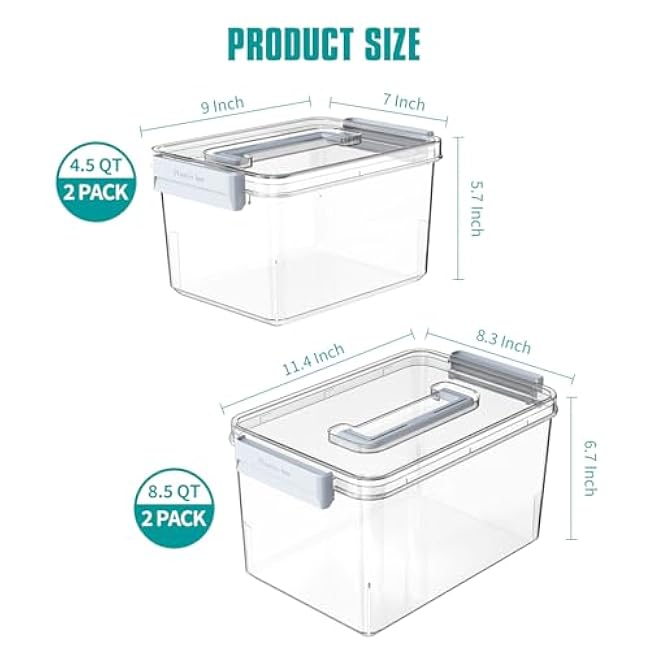 Plastic Storage Bins with Lids Stackable organization and Storage Containers for Organizing Snacks, Crafts, Tools Clear Storage Box with Latching handle(Clear, 2PCS-4.5QT 2PCS-8.5QT)