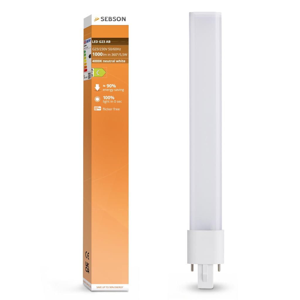SEBSON Lampa LED G23 5W – zastępuje Kompaktową świetlówkę CFL 11W | kompatybilna z Dulux S & PL-S | Trzonek 2-pin, 4000K 1000lm, 230V AC & CCG