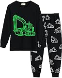 MOLYHUA Schlafanzug Jungen Glow in The Dark Kinder Dinosaurier Schlafanzüge für Mädchen Bagger Traktor Rakete Baumwolle Langarm Pyjama 92 98 104 110 116 122,04 Bagger (Schwarz),104