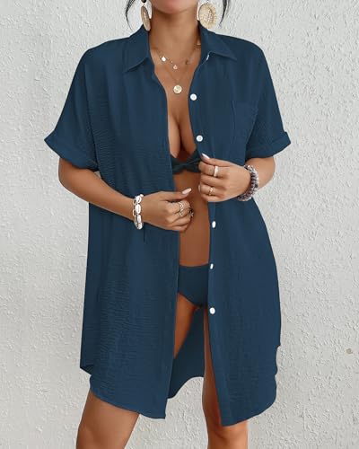 Image of Bsubseach Women Swimsuit Coverup Shirt Dress Button Down Bathing Suit Cover Up Beach Vacation Outfits