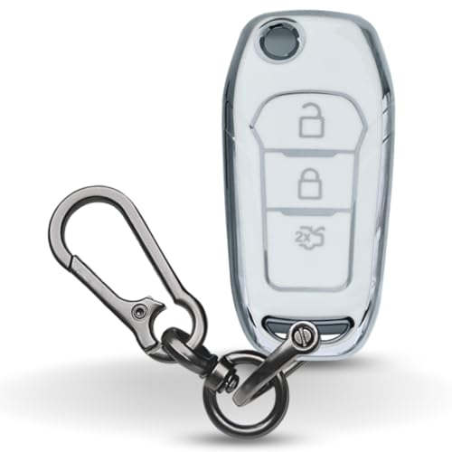 Image of KEYCEPT Silver Line TPU Key Cover Compatible with Ford Figo, Aspire, Endeavour Flip Key 3 Button with Keychain. (Type 1, White)