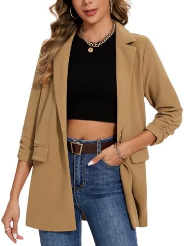 MINTLIMIT Women's Casual Long Blazer 3/4 Ruched Sleeve Lapel Butt...