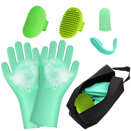 MIYIJHY 7PCS Dog Washing Gloves | Dog Bath Brush | Storage Bag | Dog Finger Toothbrush for Short & Long Haired Dogs & Cats | Efficient Deshedding Bathing & Massaging, Suitable for Pets (Sage Green)