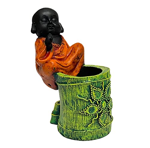 Image of AUGEN Pen Stand Decorative Hand Painted Orange Buddha Design Stationery Holder | Gift Item | Table Top Decor (2047)