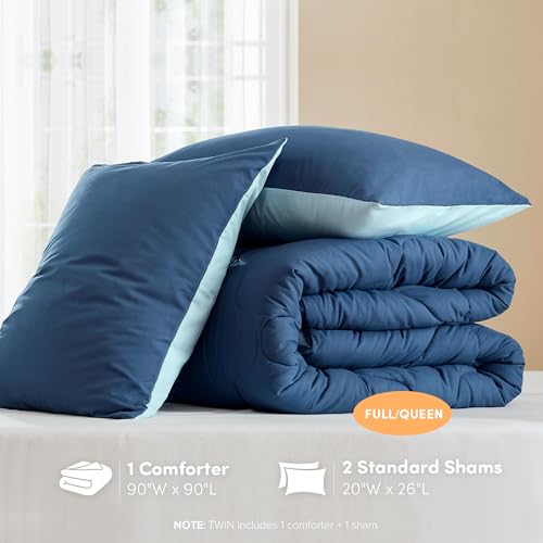 Image of Comfort Spaces Queen Comforter Set Vibrant Reversible Comforters Queen Size Quilted Bedding Set, All Season Lightweight Bedding, Soft Microfiber Comforter, Vixie, Navy /Light Blue Full /Queen 3 Piece