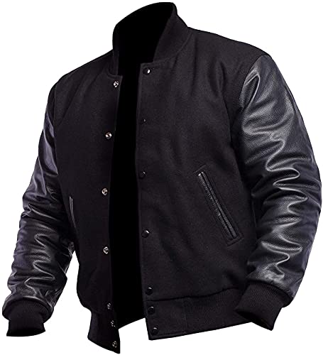 Men's Varsity Letterman Jacket - Bomber Jacket Men with Wool Body & Genuine Leather Sleeves Mens Casual Stylish Bomber Jacket