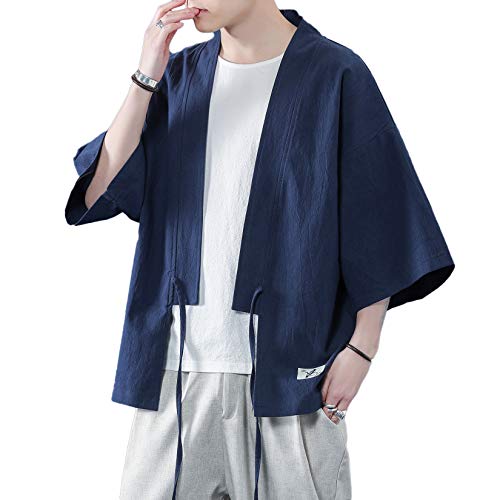 Doslavida Men's Kimono Cardigan Jackets Casual Cotton Linen Open Front Japanese Yukata Lightweight Seven Sleeves Coat #TOP5