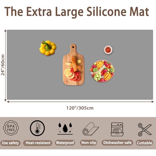 Image of 120''x24''(305cmx60cm) Extra Large Silicone Mat for Kitchen Counter, Non-Slip Heat Resistant Countertop Protector, Waterproof Durable Kitchen Mat for Countertops, Semitransparent