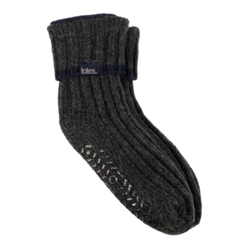 totes® toasties® Mens Recycled Chunky Slipper Socks, Fleece Lined Ankle Bed Socks with Slip-Resistant Tread, Warm Winter Indoor Socks, Machine Washable, Grey, One Size