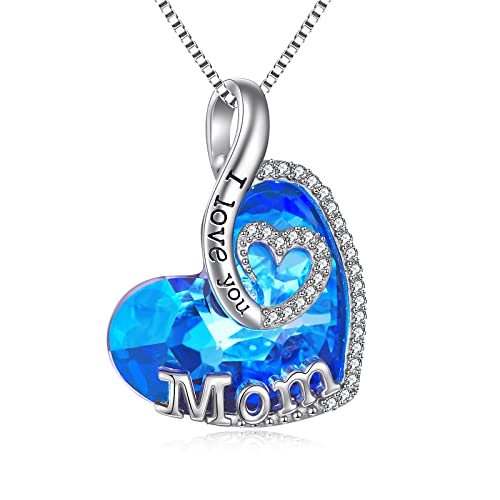 Toupop Birthday Gifts For Mom Sterling Silver I Love You Mom Necklace For Women With Blue Topaz Birthstone Pendant Heart Mother Necklace For Christmas Valentines Mothers Day Jewelry Gifts For Mom From Daughter Son #TOP10