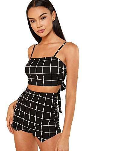 Floerns Women s Spaghetti Strap Plaid Crop Top and Overlap Shorts Set Black M