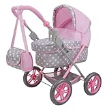 509 Crew: Cotton Candy Pink: Amanda Doll Pram - Pink, Grey, Polka Dot - W/Matching Handbag, Foldable, Removable Bassinet, Kids Pretend Play, Ages 3+