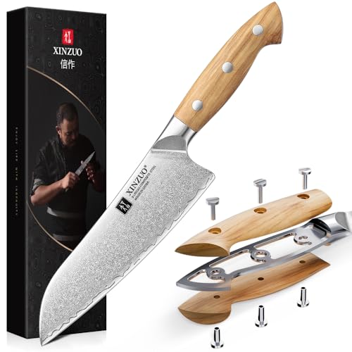 Xinzuo 18,5cm Cuchillo Santoku Profesional Acero Compuesto Cuchillo De Cocinero De Cocina Acero Inoxidable De Alto Carbono -Para Carne, Verduras, Pescado Y Fruta -Mango Ergonómico De Madera De Olivo