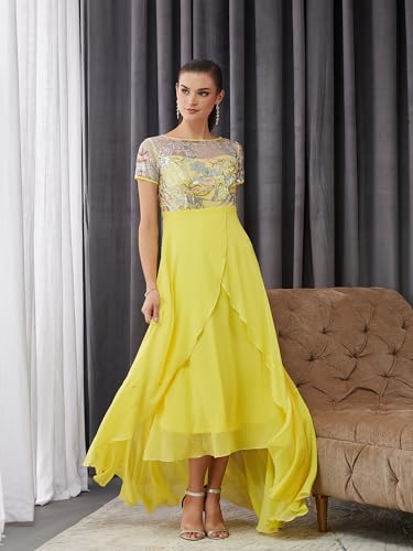 Image of Miss Chase Women's Round Neck Short Sleeve Floral Layered Georgette Midi Dress