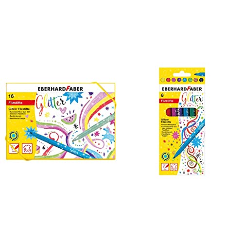 Eberhard Faber 551016 - Glitzer Filzstifte in 16 leuchtenden Farben, Minenstärke 3 mm, auswaschbar, in Hartkartonage & 551008 - Glitzer Filzstifte in 8 leuchtenden Farben, Minenstärke 3 mm
