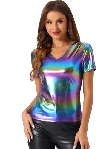 T-shirt métallique femme col en V haut holographique manches courtes costume halloween