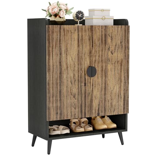 LITTLE TREE Schuhschrank mit Türen und verstellbaren Regalen, 7-stöckig, modern, freistehend, Aufbewahrungs-Organizer für Eingangsbereich, Wohnzimmer, Schlafzimmer, Wohnungen Braun + Schwarz