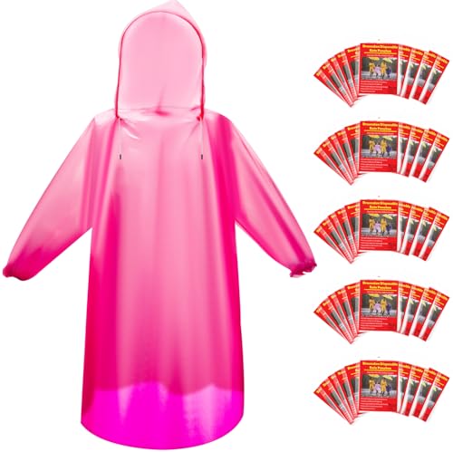 Bruvoalon 6 & 20 & 50 Pack Disposable Rain Ponchos for Adults/Youth, Waterproof PE Raincoats with Drawstring, Camping/Emergency, Pink